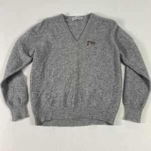 Vintage Lyle & Scott Sweater Mens M Gray V Neck Pullover Lambswool Embroidered